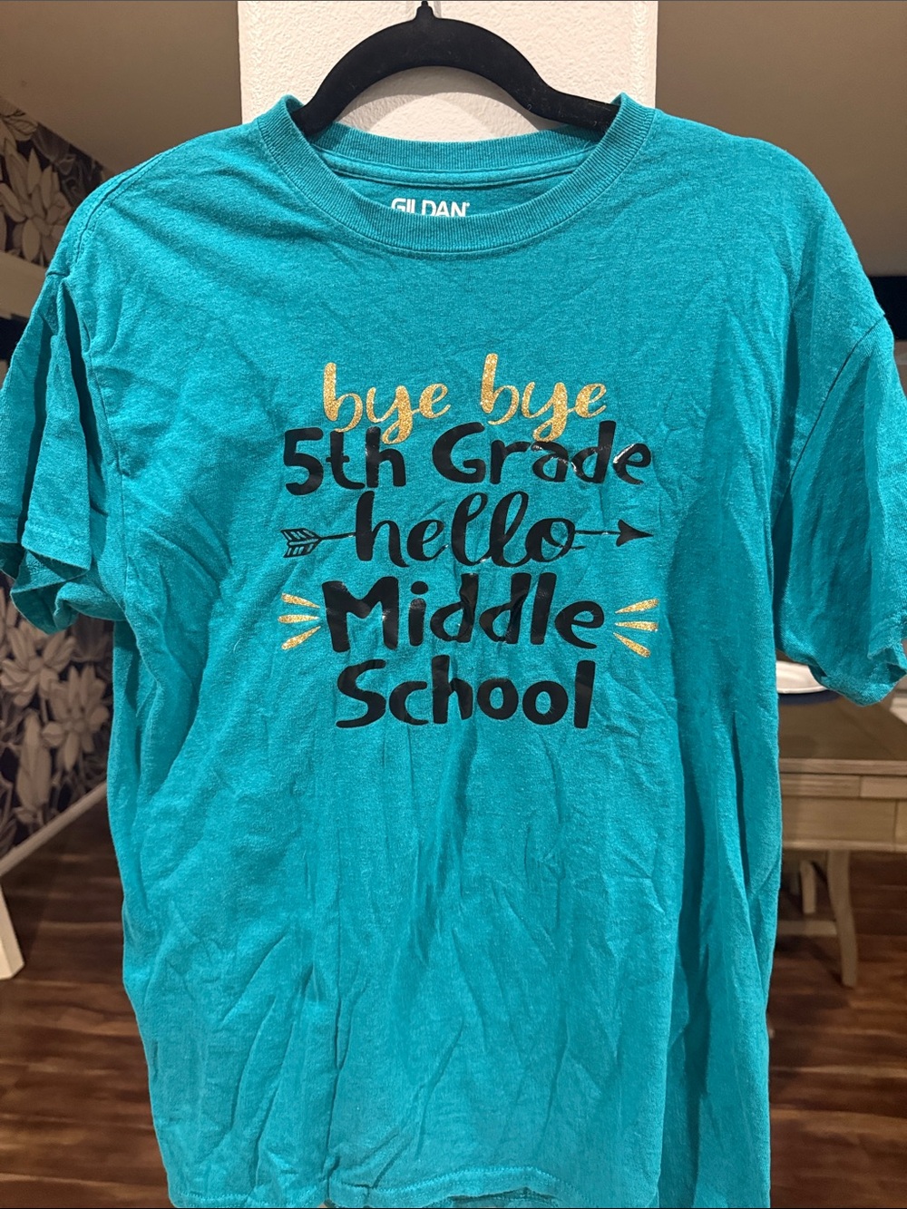 Gildan Teal Short Sleeve Graphic Tee with Gold & Black Lettering